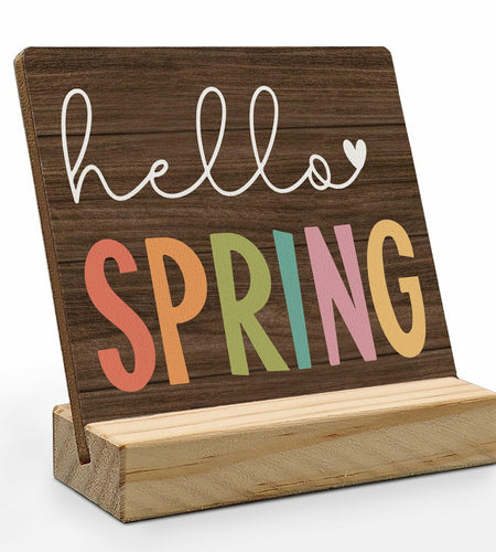 ANIANG Hello Spring Rustic Wood Plaque Sign with Stand Farmhouse Decor