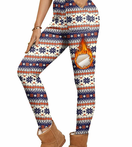 ALIREVERIE Womens Winter Fleece Leggings Snowflake Orange Blue Size XL