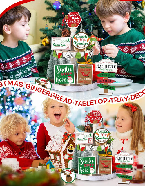 Load image into Gallery viewer, 13 Pc Winter Tiered Tray Decor Elk Sled Tree Snowflake Wood Blocks
