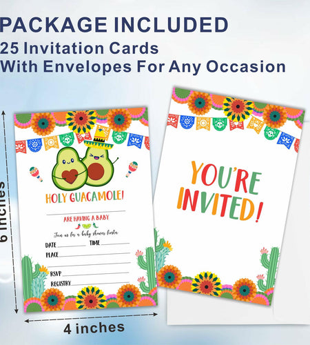25pc Holy Guacamole Baby Shower Invitations Avocado Taco Mexican Fiesta B06