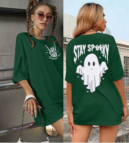 Halloween Oversize T-Shirt Women Cute Spooky Graphic Ghost Tee Green Size S