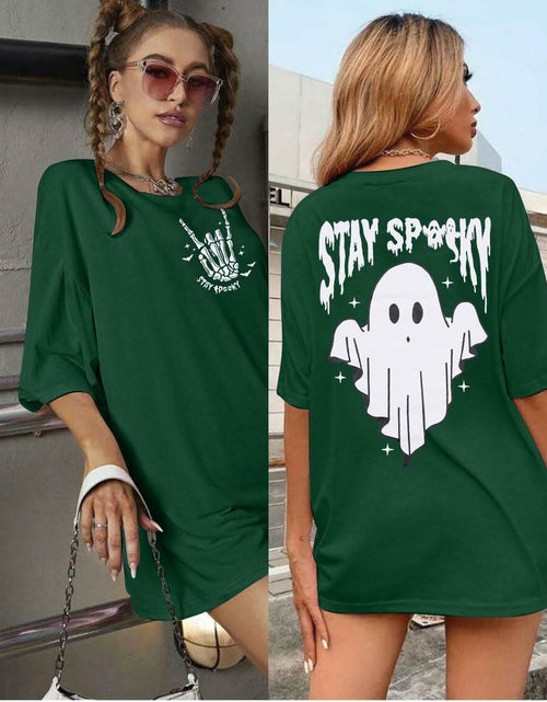 Load image into Gallery viewer, Halloween Oversize T-Shirt Women Cute Spooky Graphic Ghost Tee Green Size S
