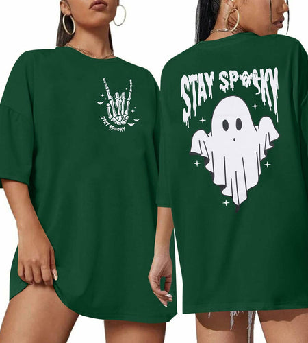 Halloween Oversize T-Shirt Women Cute Spooky Graphic Ghost Tee Green Size S