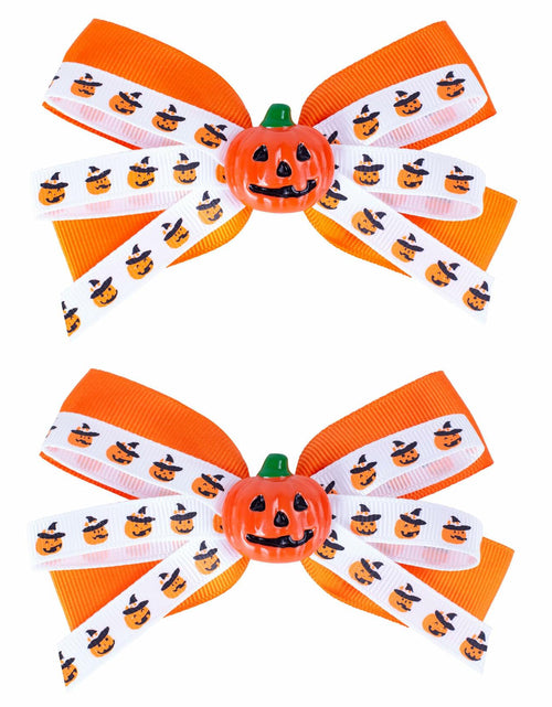 Load image into Gallery viewer, Halloween Pumpkin Hair Bows Clips Orange Dual-Layered Grosgrain Ribbon
