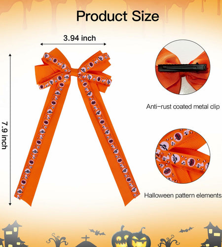 Halloween Hair Bows Orange Holiday Print Ribbon Clip for Girls Women