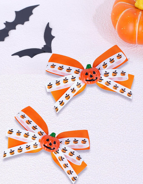 Load image into Gallery viewer, Halloween Pumpkin Hair Bows Clips Orange Dual-Layered Grosgrain Ribbon
