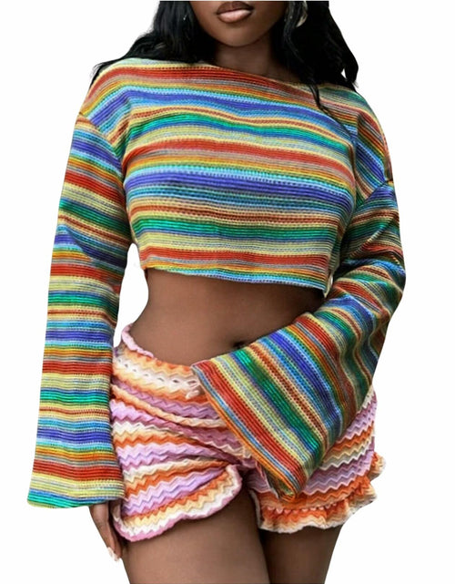 Load image into Gallery viewer, RoseSeek Women's Striped Crop Top Long Sleeve Knit Tee Multicolor Size S
