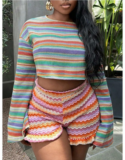 Load image into Gallery viewer, RoseSeek Women's Striped Crop Top Long Sleeve Knit Tee Multicolor Size S
