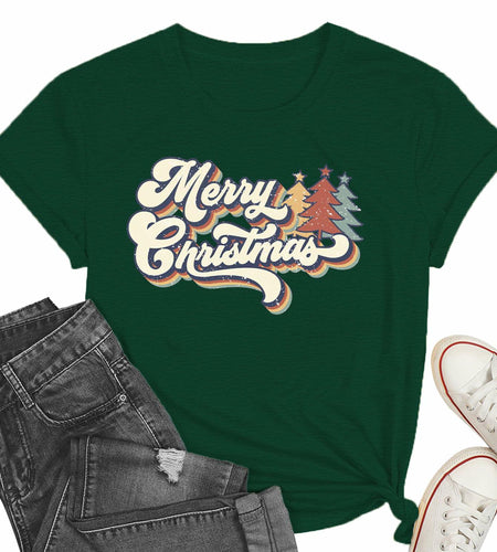 Vintage Merry Christmas Shirt Women Holiday Xmas Tee Tops Green Size S