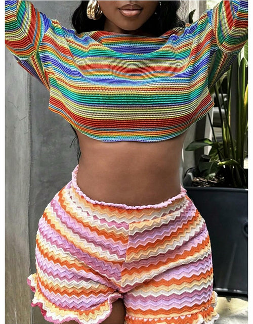 Load image into Gallery viewer, RoseSeek Women's Striped Crop Top Long Sleeve Knit Tee Multicolor Size S
