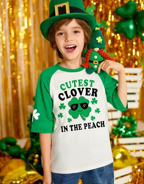 Load image into Gallery viewer, St. Patrick's Day Kids Clover T-Shirt Green White Raglan Top 4T Crewneck
