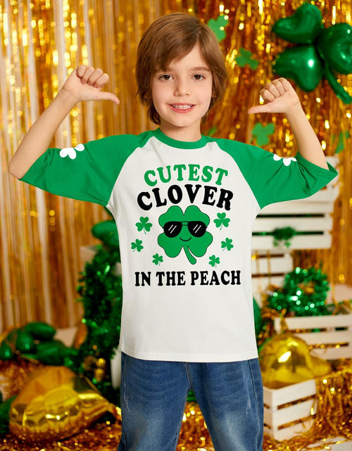 Load image into Gallery viewer, St. Patrick's Day Kids Clover T-Shirt Green White Raglan Top 4T Crewneck
