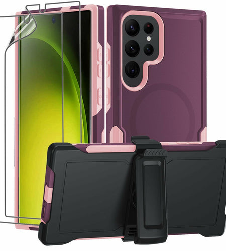 THMEIRA Samsung Galaxy S23 Ultra Case 2 Pack Belt Clip Screen Protector Purple