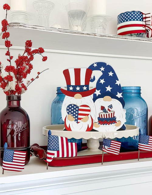 Load image into Gallery viewer, DECSPAS 4th of July Double Sided Wooden Tiered Tray Red White Blue Decor
