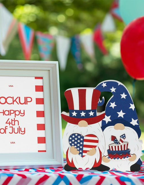 Load image into Gallery viewer, DECSPAS 4th of July Double Sided Wooden Tiered Tray Red White Blue Decor
