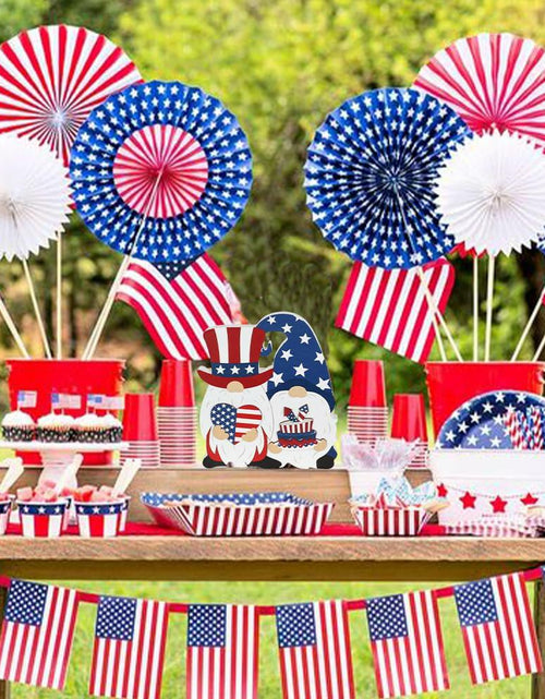 Load image into Gallery viewer, DECSPAS 4th of July Double Sided Wooden Tiered Tray Red White Blue Decor
