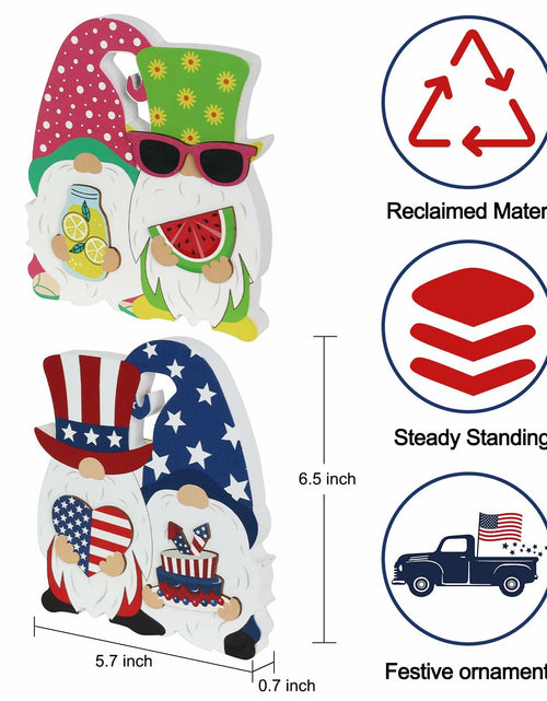 Load image into Gallery viewer, DECSPAS 4th of July Double Sided Wooden Tiered Tray Red White Blue Decor
