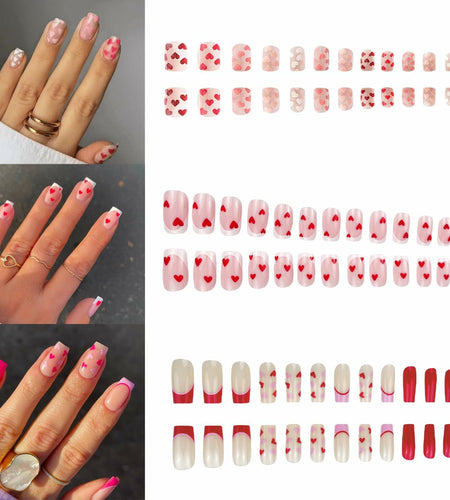 RIICFDD Heart Press On Nails Medium Square Glossy French Tip 72Pcs
