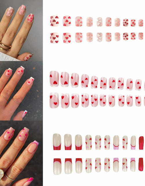 Load image into Gallery viewer, RIICFDD Heart Press On Nails Medium Square Glossy French Tip 72Pcs
