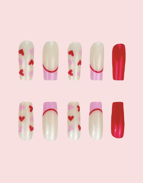 Load image into Gallery viewer, RIICFDD Heart Press On Nails Medium Square Glossy French Tip 72Pcs
