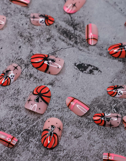 Load image into Gallery viewer, 24 Pcs Black Short Square Press On Nails Skull Flower Halloween Full Cover

