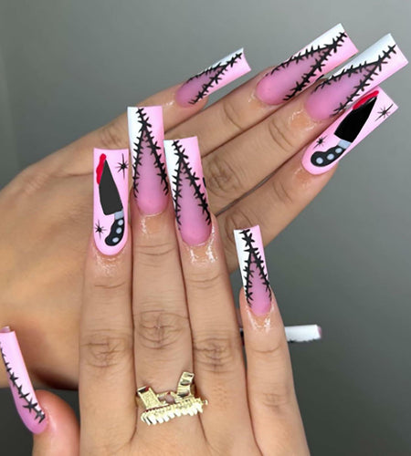 RIICFDD Halloween Fake Nails 24 Pcs Coffin Pink French Tip Ghost Designs