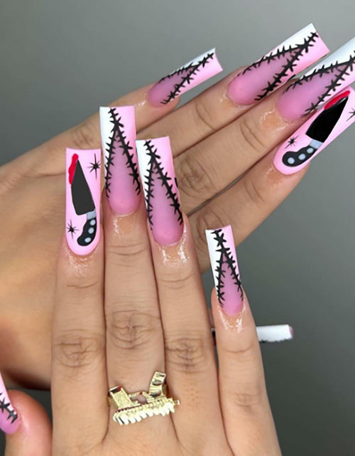 Load image into Gallery viewer, RIICFDD Halloween Fake Nails 24 Pcs Coffin Pink French Tip Ghost Designs
