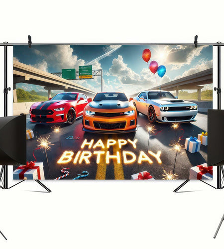 BlissYard Car Birthday Banner 70x43" Fast Cars Party Photo Backdrop