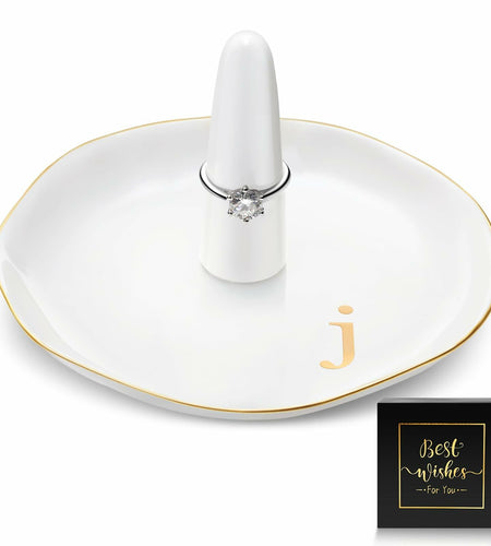 Beeveer Ceramic A-Z Ring Holder Jewelry Tray 4.5x2.4in White Trinket Dish