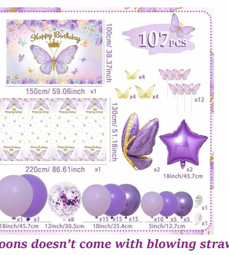 107 Pcs Purple Butterfly Birthday Decoration Set Indoor Outdoor Party