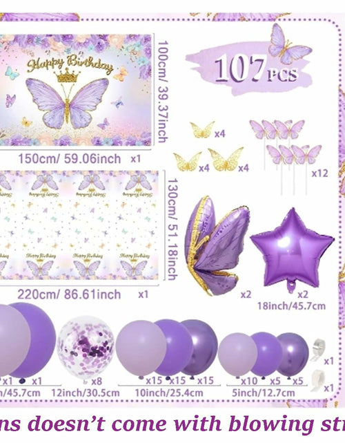 Load image into Gallery viewer, 107 Pcs Purple Butterfly Birthday Decoration Set Indoor Outdoor Party
