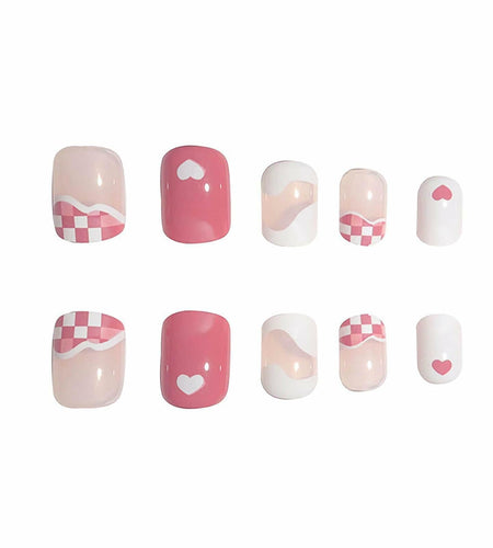 Vokupoga Square Press On Nails White Pink Acrylic 24Pcs Reusable