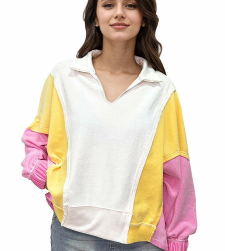 Buxitt Colorblock Oversized V-Neck Dolman Sleeve Sweatshirt Patchwork Size L