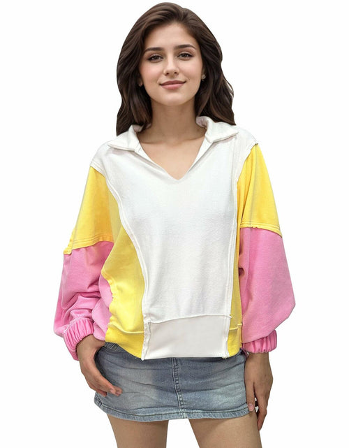Load image into Gallery viewer, Buxitt Colorblock Oversized V-Neck Dolman Sleeve Sweatshirt Patchwork Size L
