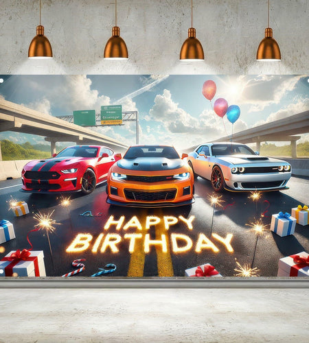 BlissYard Car Birthday Banner 70x43" Fast Cars Party Photo Backdrop