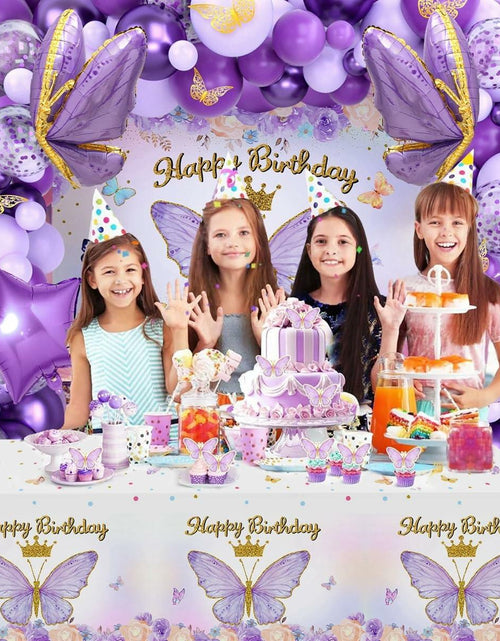 Load image into Gallery viewer, 107 Pcs Purple Butterfly Birthday Decoration Set Indoor Outdoor Party
