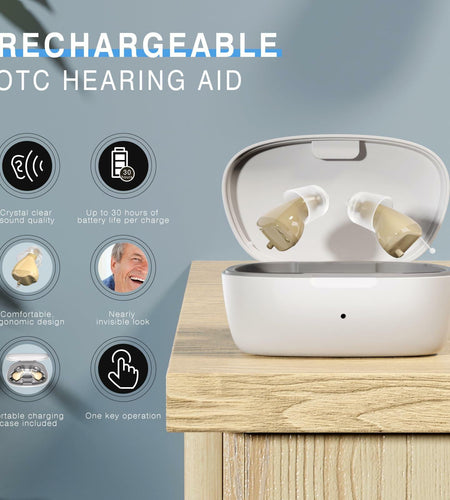 OTC Rechargeable Hearing Aids for Seniors Noise Cancellation Beige
