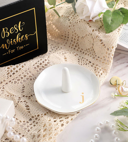 Beeveer Ceramic A-Z Ring Holder Jewelry Tray 4.5x2.4in White Trinket Dish
