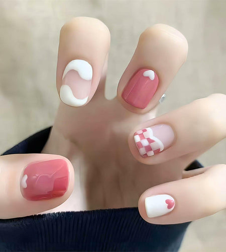 Vokupoga Square Press On Nails White Pink Acrylic 24Pcs Reusable