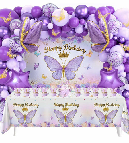 107 Pcs Purple Butterfly Birthday Decoration Set Indoor Outdoor Party