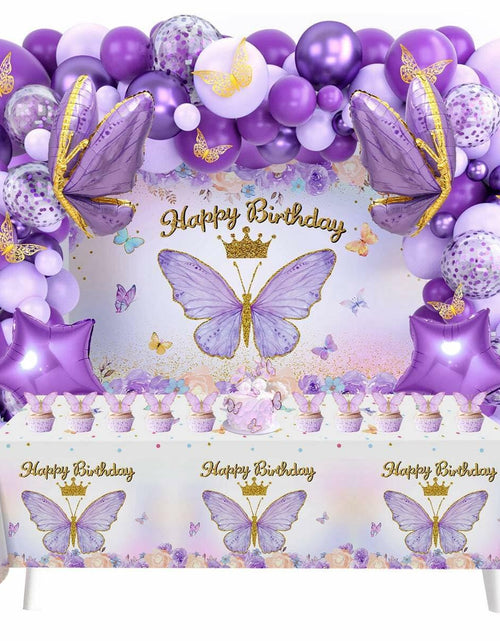 Load image into Gallery viewer, 107 Pcs Purple Butterfly Birthday Decoration Set Indoor Outdoor Party
