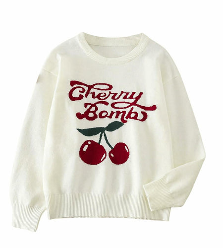 BEAUDRM Girl's Cherry Knit Sweater Long Sleeve Crewneck Apricot Size 11Y