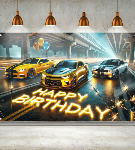 BlissYard Race Car Happy Birthday Banner 70x43" Party Backdrop Decor