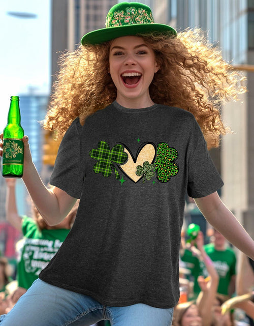 Load image into Gallery viewer, JMHACHY St. Patrick's T-Shirt Women Shamrock Heart Leopard Grey Size M

