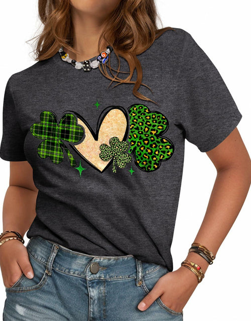 Load image into Gallery viewer, JMHACHY Women's St. Patrick's Shamrock Heart Leopard T-Shirt Grey Size XL
