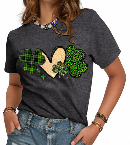 JMHACHY St. Patrick's T-Shirt Women Shamrock Heart Leopard Grey Size M