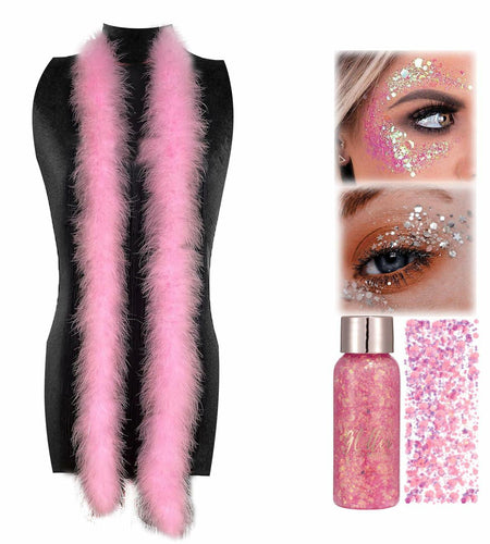 Fluffy Feather Boas with Body Face Glitter Gel Pink Party Favors Decor