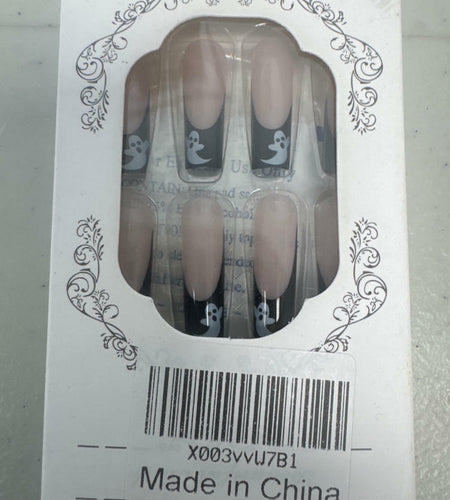 RIICFDD Halloween Fake Nails 24 Pcs Coffin Pink French Tip Ghost Designs