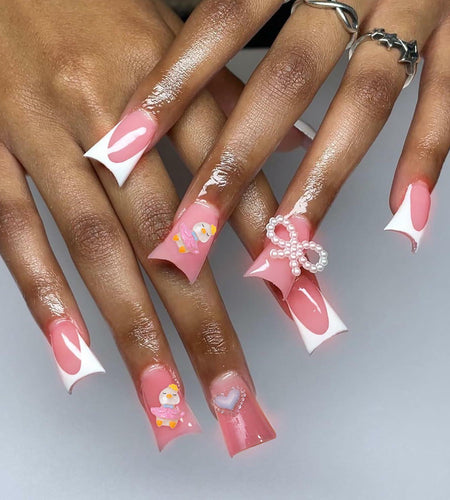RIICFDD Press On Nails Medium Pink Duck Bow Butterfly 24 Pcs