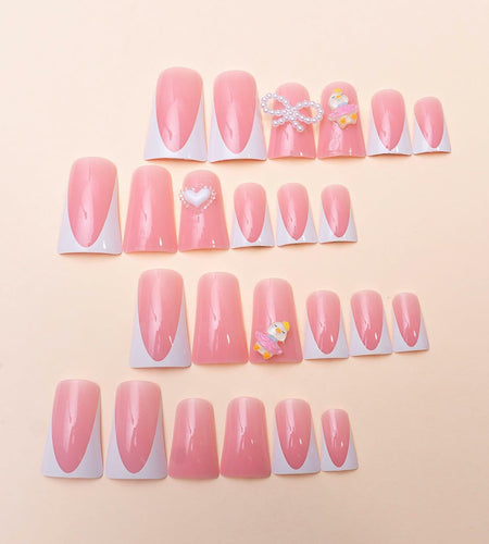 RIICFDD Press On Nails Medium Pink Duck Bow Butterfly 24 Pcs